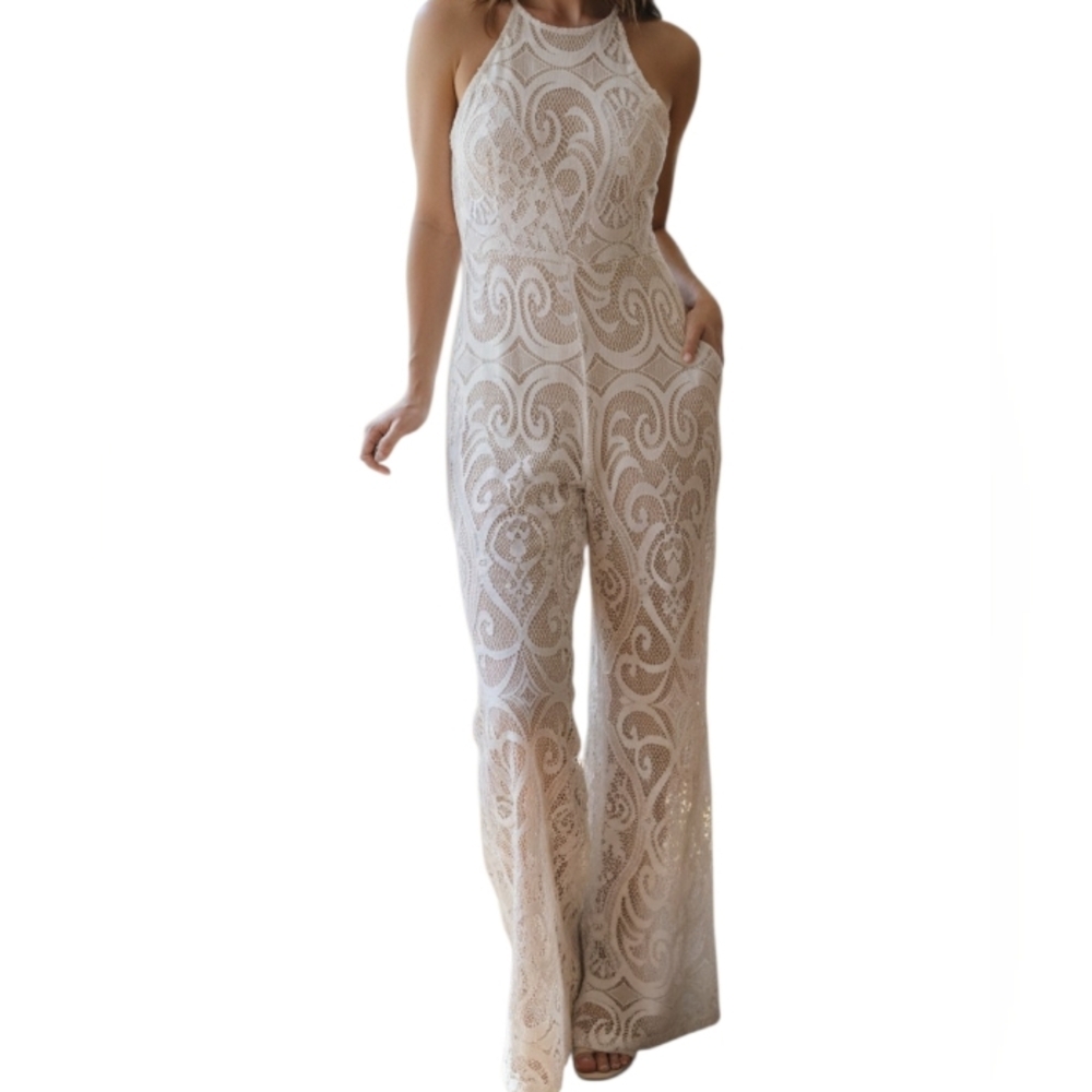 Bridal White Nude Lace Open Back Flare Leg Jumpsuit Bachelorette Bride
